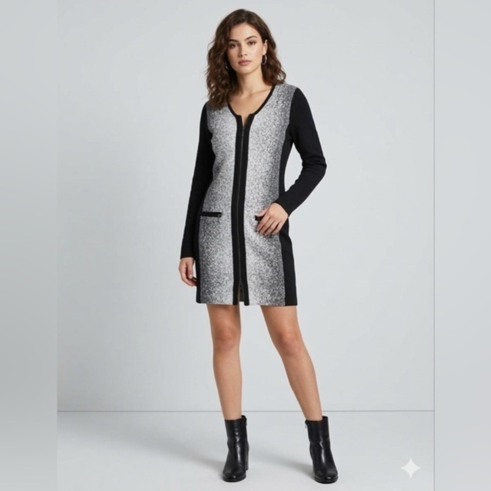 Chico's Size 0 Small 4 6 Black White Ombre Zip-Up Knit Cardigan Sweater Dress S